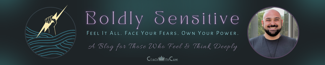 A graphic featuring the text 'Boldly Sensitive' with a lightning bolt and a wave graphic, along with an image of a smiling man with a beard, promoting emotional support and personal empowerment.